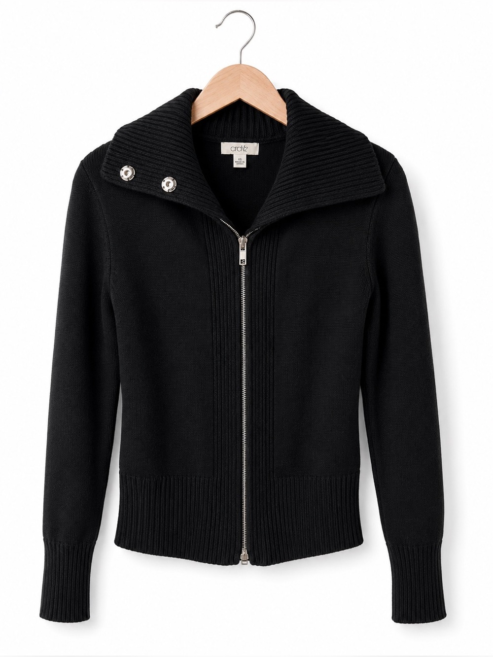 Cache Black Zip Up Cardigan Sweater Women’s Small Shawl Collar Rib Knit Classic